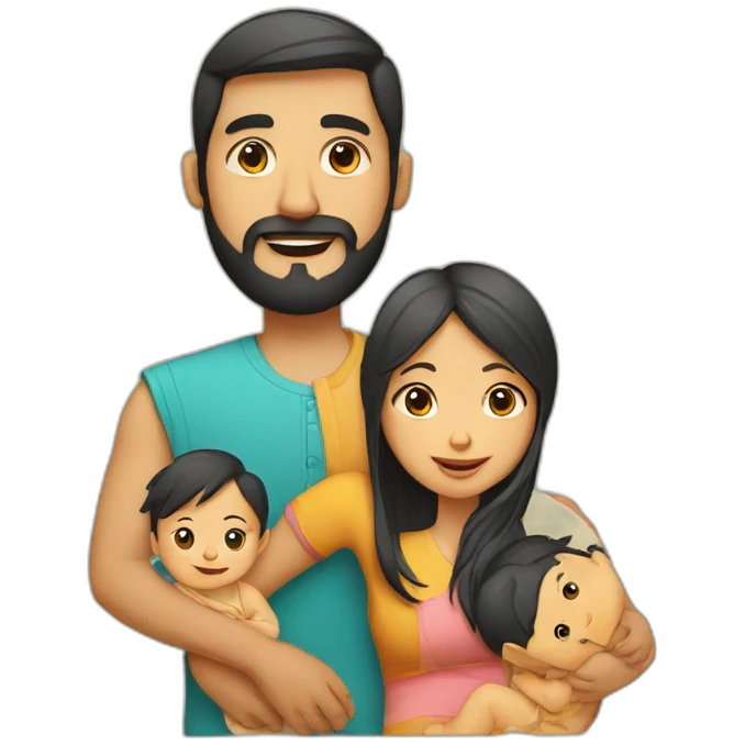 A family with Indian dad with beard and Chinese wife and small baby emoji