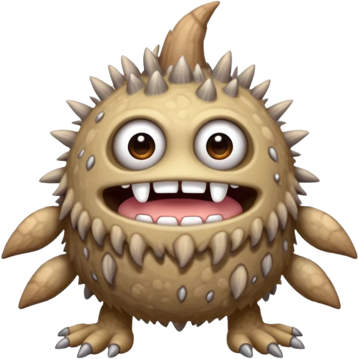 My Singing Monsters Dust element monster, sandy cracked body, muted brown-gray colors, drifting dust particles, cute cartoon style emoji
