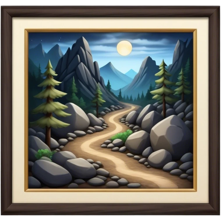 mountain crossroads trails with rocks  two trails—one illuminated,, and one shrouded in darkness, representing reaction.  emoji