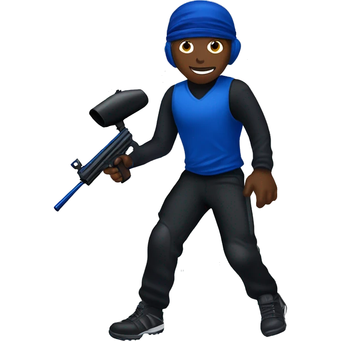 Brown skin paintball player wearing a black head band, dark blue long sleeve jersey, black pants, and running with a paintball gun in hand  emoji