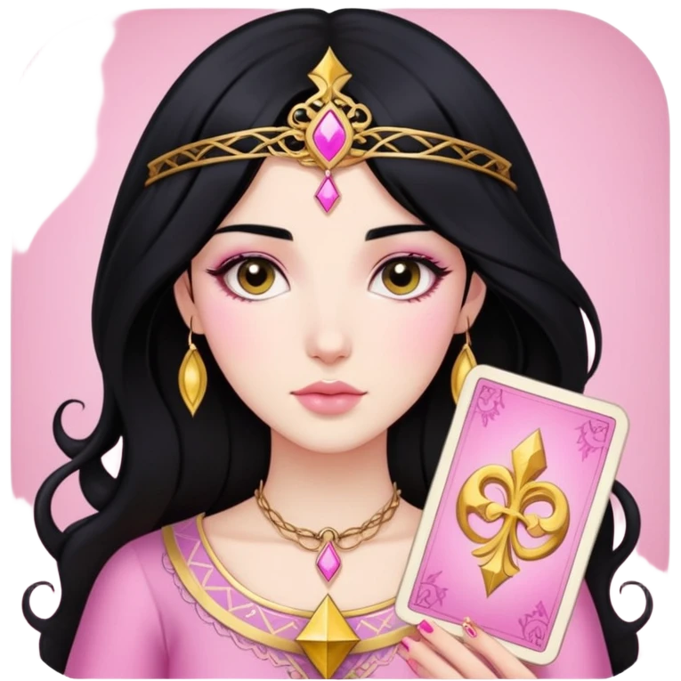 black hair girl with pink pink tarot gold cards emoji