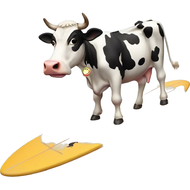 Cow flying over moon on surfboard emoji