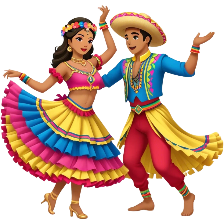 Cinematic Realistic scene of two dancers performing Cumbia, adorned in colorful traditional Colombian costumes with intricate details, captured in rhythmic motion with lively, festive lighting emoji