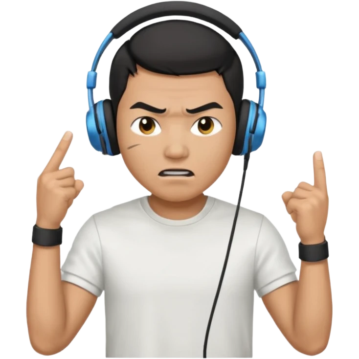 asian Male, angry, wearing headphone having mic, t-shirt 
 emoji