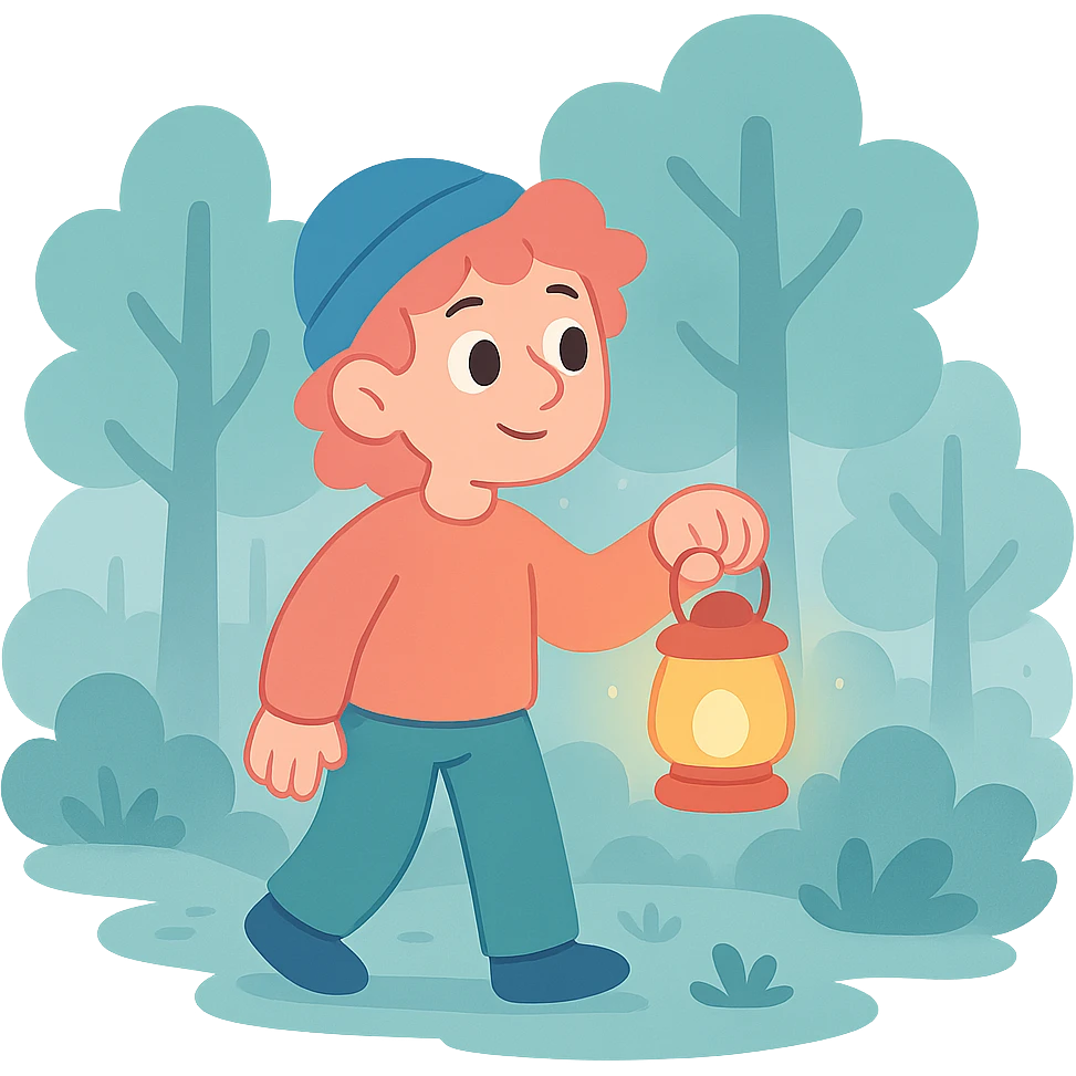 lantern glowing softly in the misty woods, calm and dreamy feel, soft pastel colors, pastel toon style emoji