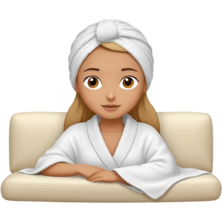 spa A contented and relaxed girl with a towel on her head in a white robe lies on a couch. The icon displays the couch and the girl in full three-quarter view. emoji