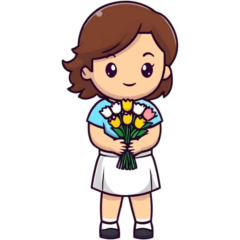 girl with brown hair wearing a white skirt holding a bouquet of flowers emoji