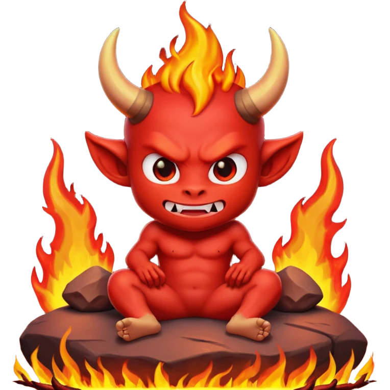 a Red devil, short horn Chibi red demon sitting on fire rock emoji