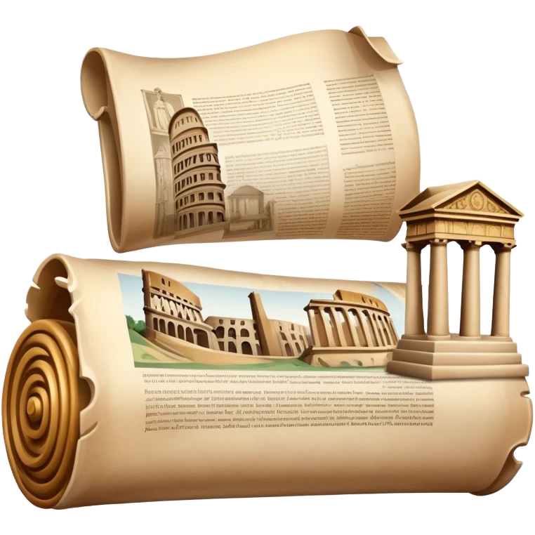 An icon featuring an ancient scroll, surrounded by famous historical landmarks and statues of notable figures, like the Colosseum or Napoleon. The design symbolizes the exploration of history through monuments and people. Transparent background highlights the pas emoji