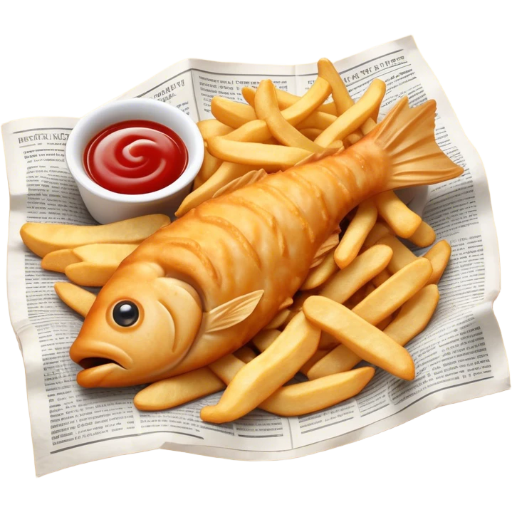 Cinematic Realistic Fish and Chips Dish Emoji, depicted with crispy golden battered fish and chunky hand‚Äêcut chips served in traditional newspaper wrapping, rendered with mouth‚Äêwatering texture and warm natural lighting that captures its quintessential British charm. emoji