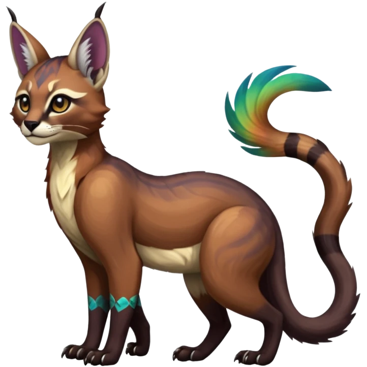 Colorful dark tropical tribal glorious iridescent divine exotic cute cool beautiful beautiful fantasy-caracal-civet-genet-sergal-vernid-Gryphon-Cacomistle-Trico-oncilla-animal-Fakémon-hybrid-fursona (full body) emoji