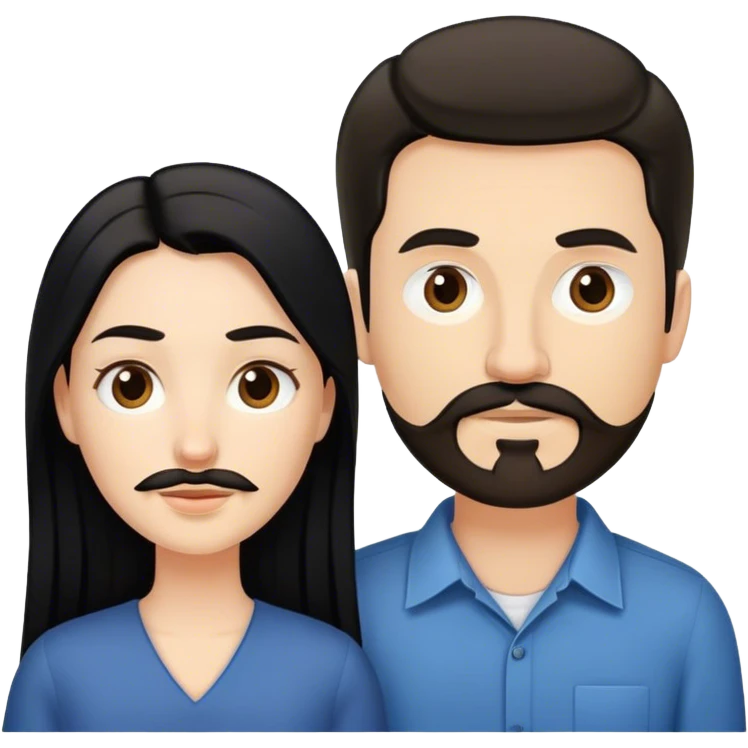 couple, a white woman with long black hair, and a white man with short brown hair goatee mustache emoji