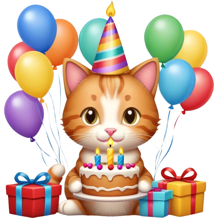 Ginger tabby kitten celebrates birthday, birthday hat, birthday cake, one candle, balloons, happy, gifts emoji
