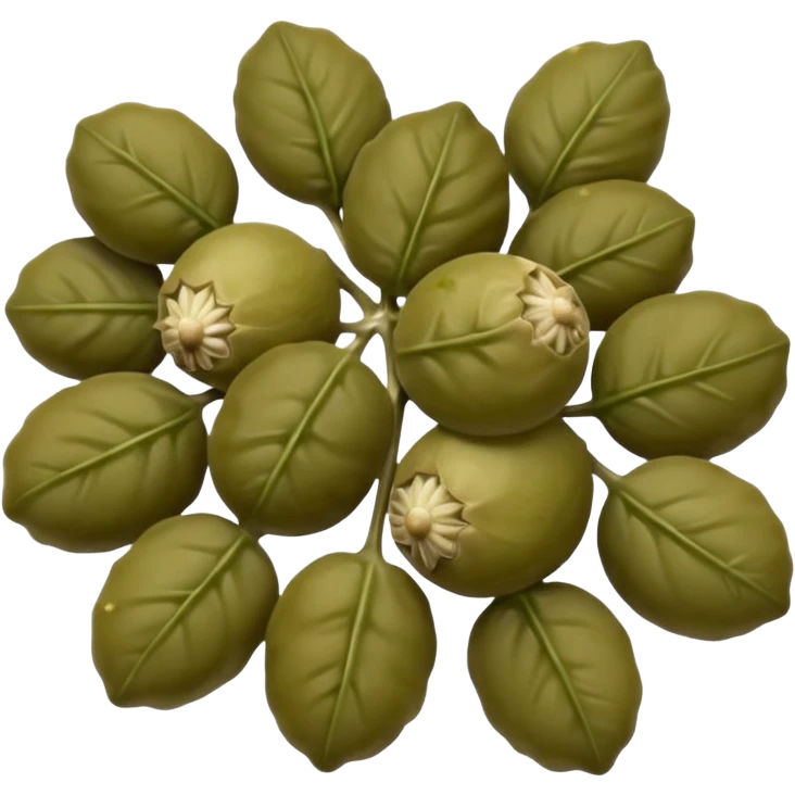 small cluster of capers, olive green to muted brownish tones, slightly wrinkled skins, some with tiny stems, matte to lightly glossy surface, brine-preserved texture, no jar or garnish, soft lighting, subtle shadows, emoji scale emoji