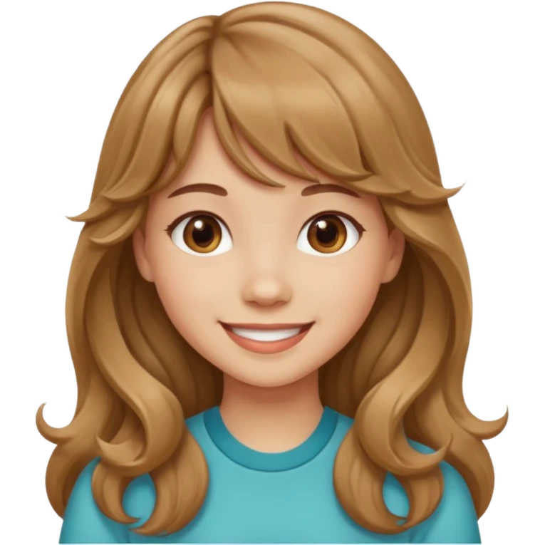 Please generate a portrait of a pretty girl with long, wavy, light brown hair and bangs, she's smiling. emoji