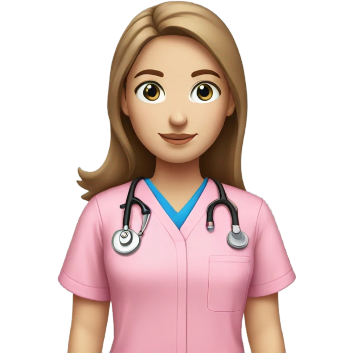 White girl with long brown hair with blue eyes in pink scrubs  emoji