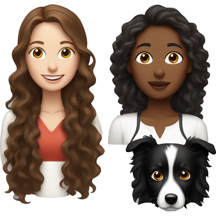 white woman with long brown curly hair holding a black border collie emoji