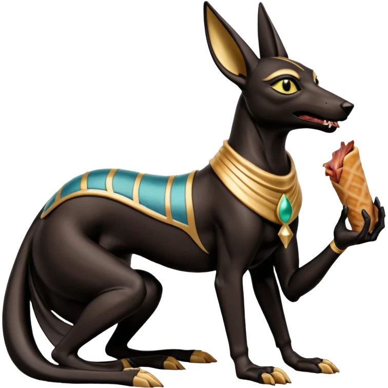  Friendly silky Black fur beautiful female alien anubis statue posed biting on store-brand bacon Usda-certified godly packaging  emoji