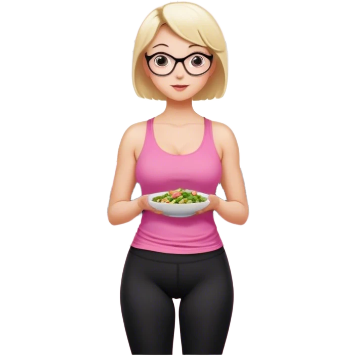 View from knees up, view from the back, fair skinned woman, thick milf, short blond hair, small reading glasses, cooking dinner in kitchen, pink loose tank top, showing natural B cup breast shape SFW, black yoga pants, large curvy booty emoji