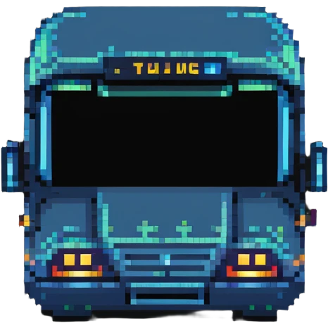 futuristic electric city bus with glowing lights, pixel art style emoji