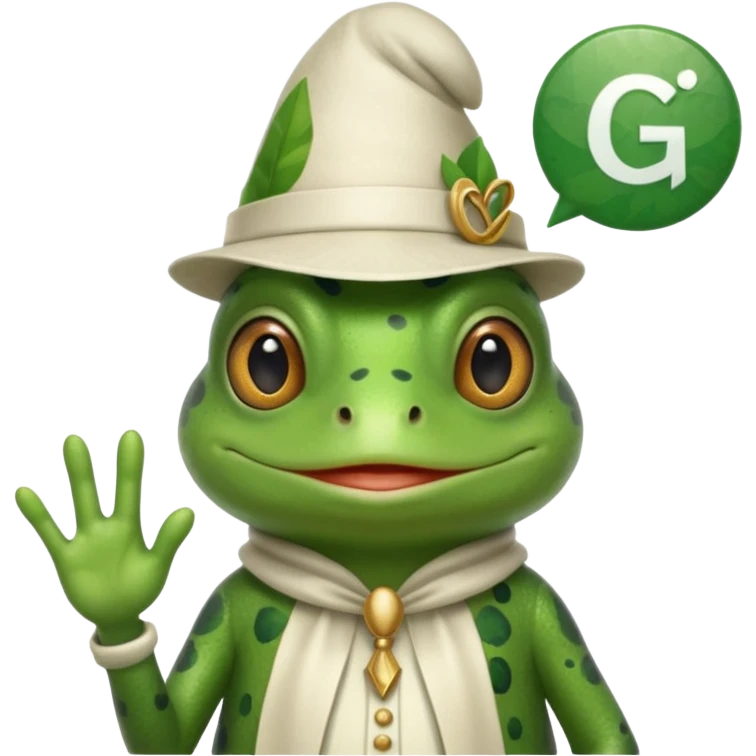 Pointy white hat frog holding “GG” sign emoji