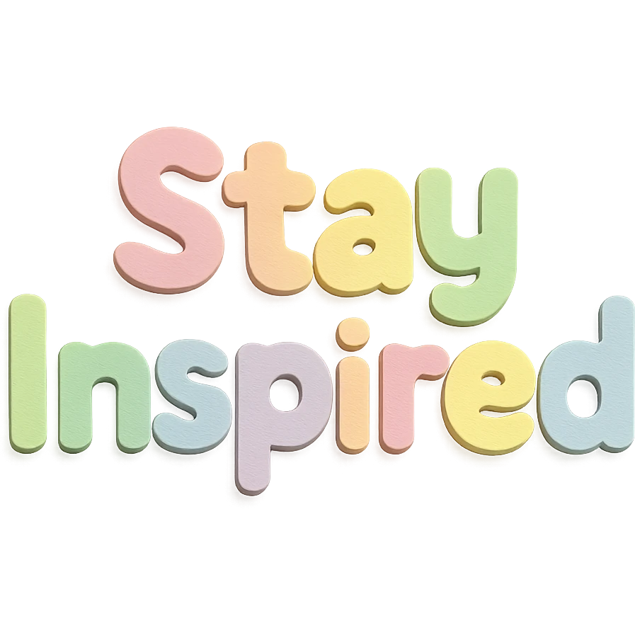 kawaii hand lettering "Stay Inspired" in soft pastel rainbow puffy bold font, no outline, transparent background emoji