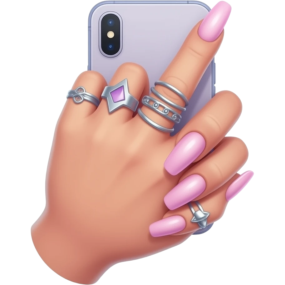 cute girls hand with pastel and pink modern y2k nails, rings, and accessories. holding iphone with screen upwards emoji