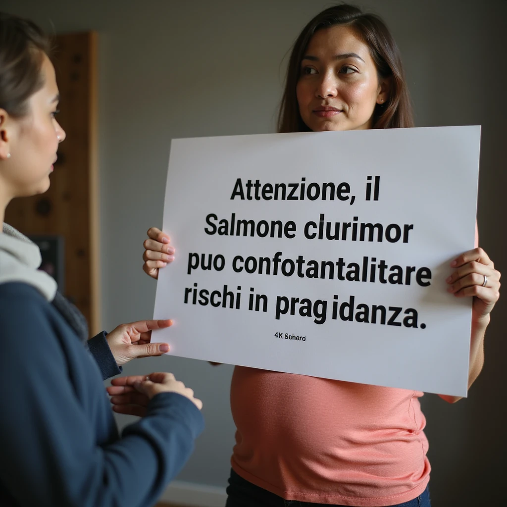 realistic pregnant woman in 4K showing a sign to a child and explaining: 'Attenzione, il consumo di salmone crudo puo comportare rischi in gravidanza' emoji