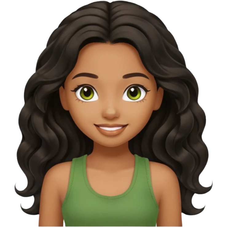 a pretty bratz brown girl with long wavy black color hair, brown eyes and green tank who is smiling emoji