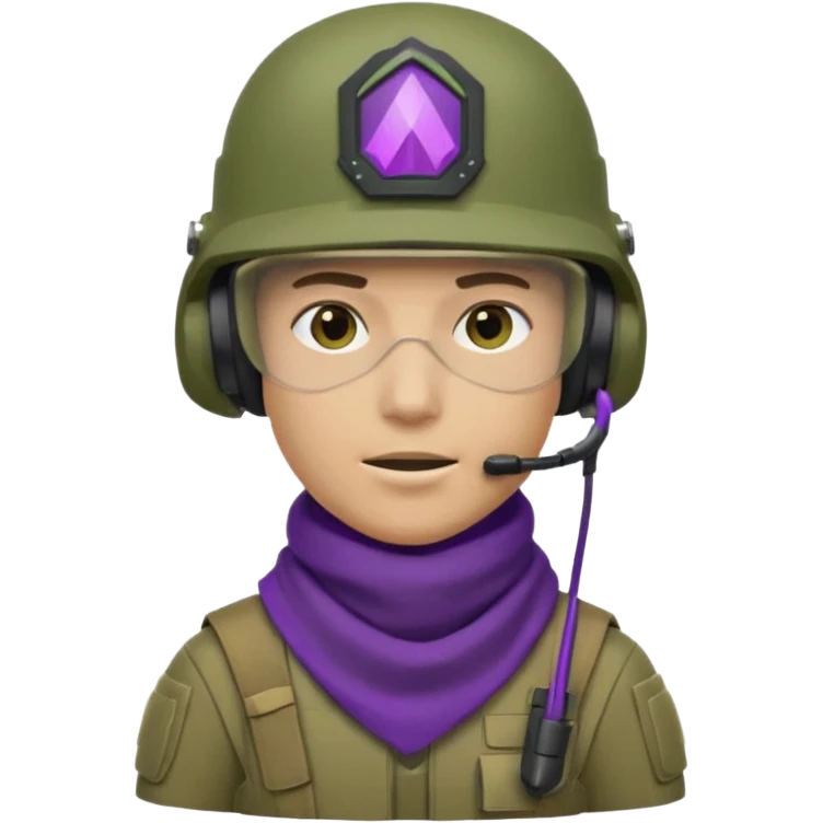 Реалистичный геймерский аватар в стиле военного комментатора: солдат в современном зелёном штурмовом шлеме с гарнитурой и закрытым тёмным забралом, без видимого лица, на шее фиолетовый платок/бафф треугольной формы. Справа от персонажа небольшая иконка видео , как кнопка стрима или записи. emoji