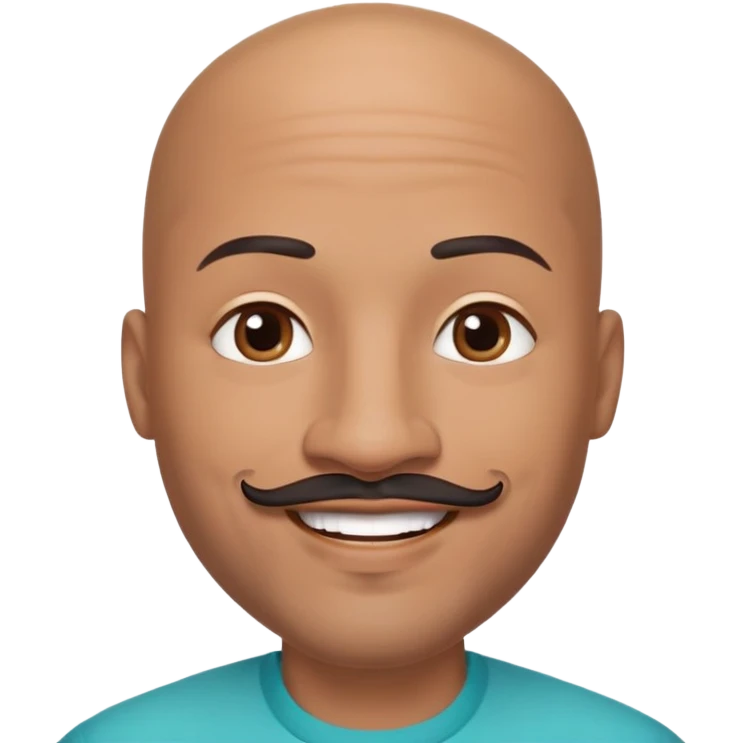 Oxumarê as a very happy smiling 37-year-old bald Black man with smooth oval head, indigenous facial features, mustache with goatee (no hair on sides of face), contour from chin to lips, and a beauty mark on left side below lip, Memoji style emoji