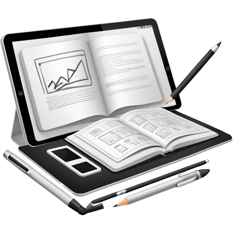 Illustration icon, pencil, paintbrush, gel pen, graphic tablet or monitor with digital illustration, open book with sketches, minimalistic style, clean lines, transparent background. emoji