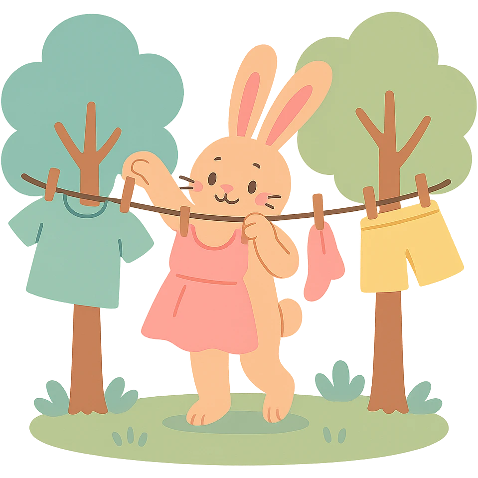 bunny hanging laundry between trees, calming domestic forest feel, pastel colors emoji