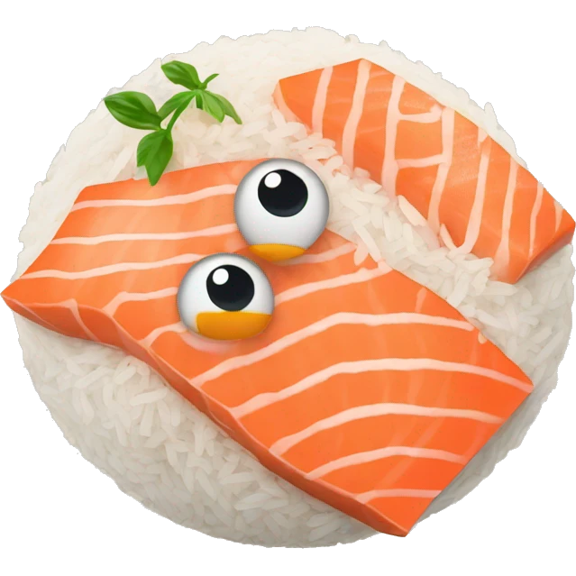 Rice with salmon on top with a smiling face with two eyes emoji