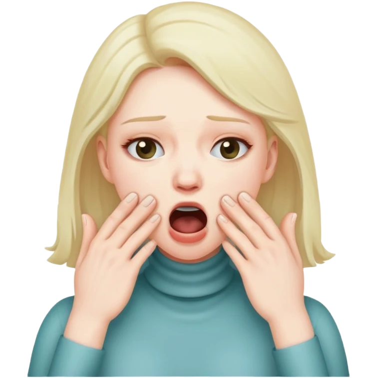 Woman pretending to gasp for air while holding her throat with two hands emoji