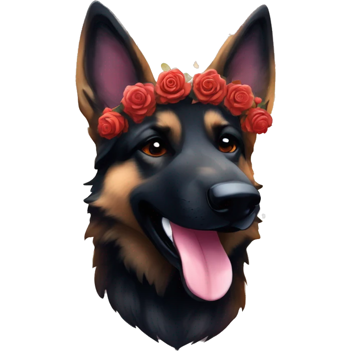 Bokeh Midnight starry night stars dark Brindled striped brindle black German shepherd fox carrying glowing red lantern, fairy lights, rose flower crown, bokeh lights, out of focus blur emoji