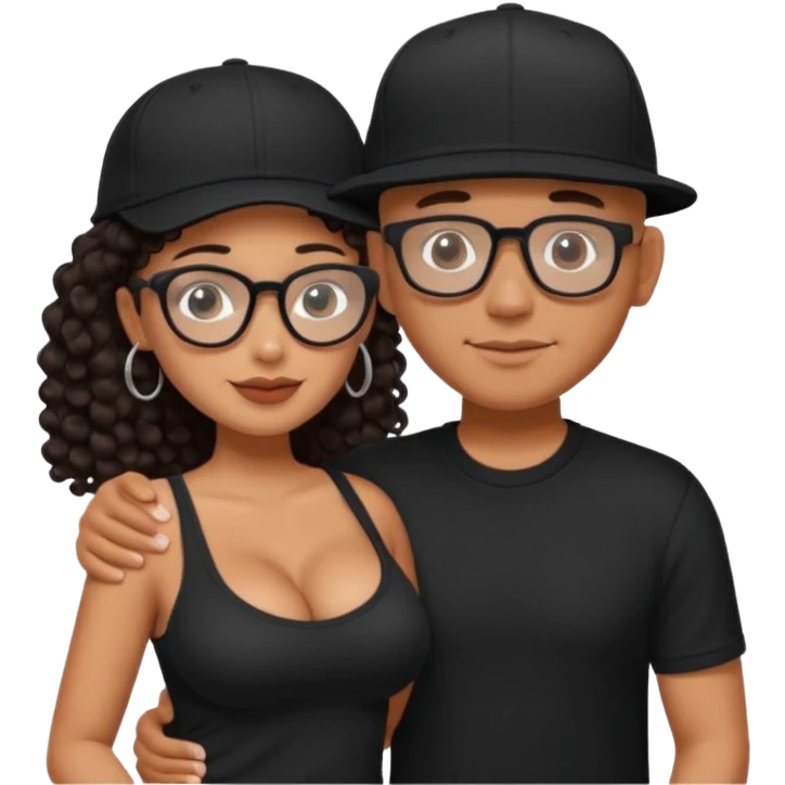 A picture of an embracing tanned couple. the man is a Mexican man with tanned skin, with a bald hair cut wearing a SnapBack hat and a black shirt. the woman wearing black glasses, with long curly dark brown hair and with big boobs.  emoji