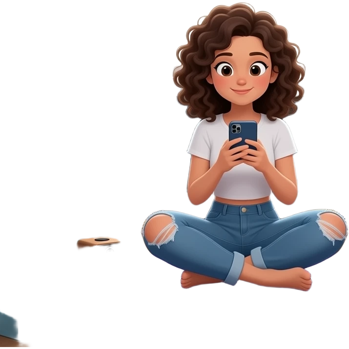 adolescente mujer morena que usa jean roto, pelo con rulos,sentada en el piso de una habitación desordenada, con ventana medio cerrada, colores oscuros,en el centro de una habitación, usando el celular, con elementos alrededor que representen bienestar integral: música,  movimiento, alimentación emoji