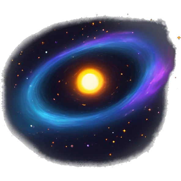 A black hole with a glowing, swirling accretion disk in orange, yellow, and white, with hints of red and blue. Distorted stars and vivid blue-violet jets contrast with the dark center. emoji