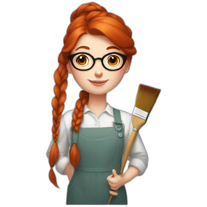Redhead Artist painter girl with big round glasses, a thick braid a brush emoji