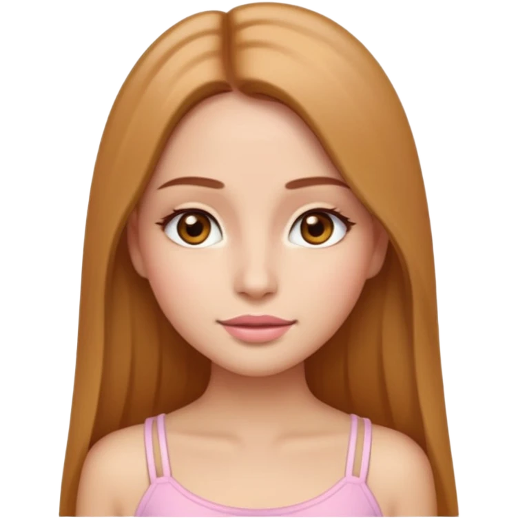 Beautiful girl emoji with long straight hair, middle part, hair color 7-77 luxurious honey (warm brown with golden undertone), light skin, big almond-shaped brown eyes, soft pink lips, natural makeup, white top with thin straps, calm and elegant expression. emoji