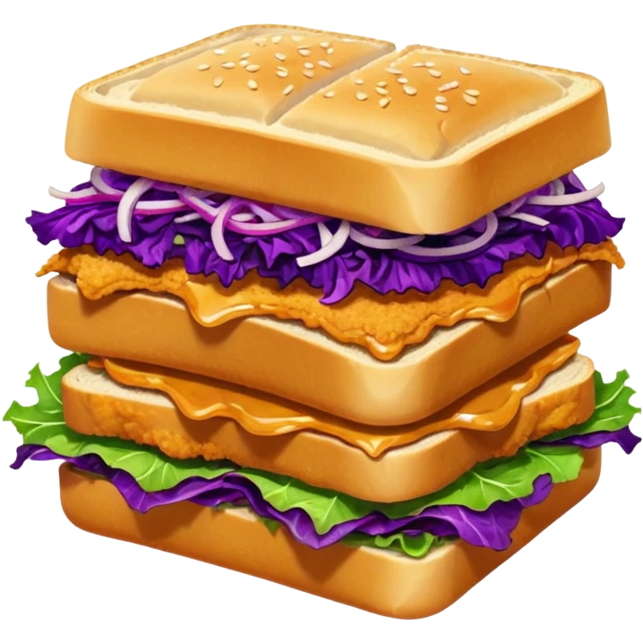 Burning hot, spicy,  stacked chicken sandwich — two thick golden toast slices, a crispy breaded chicken fillet, green lettuce, and purple cabbage slaw, with glossy dark sauce dripping down the sides. emoji