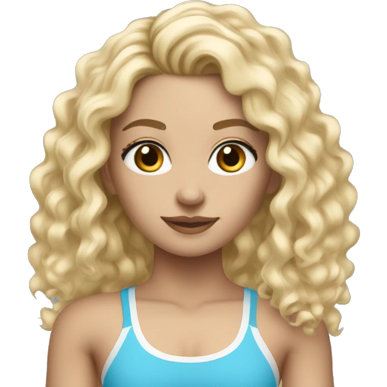 White girl at gym curly hair blonde-ish blue gym clothing set  emoji