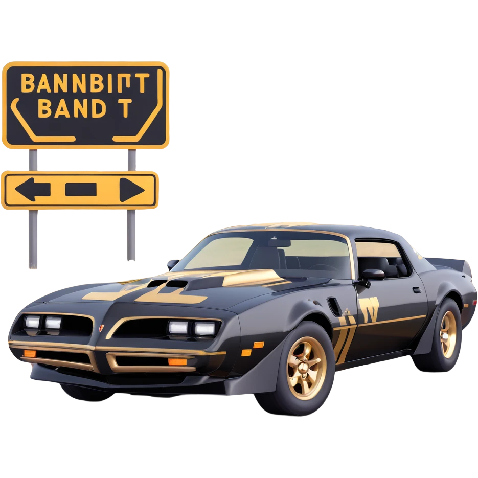 black Bandit-style Trans Am car with gold accents driving past classic American road signs emoji