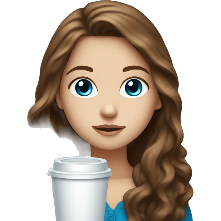white girl with brown long hair and blue eyes and a coffee emoji