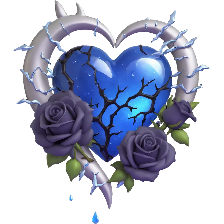 gothic heart with large crack splitting it 3D emoji, midnight blue glass, silver crescent moon, black roses, stardust, lightning, rain, broken glass, minimal dark style emoji