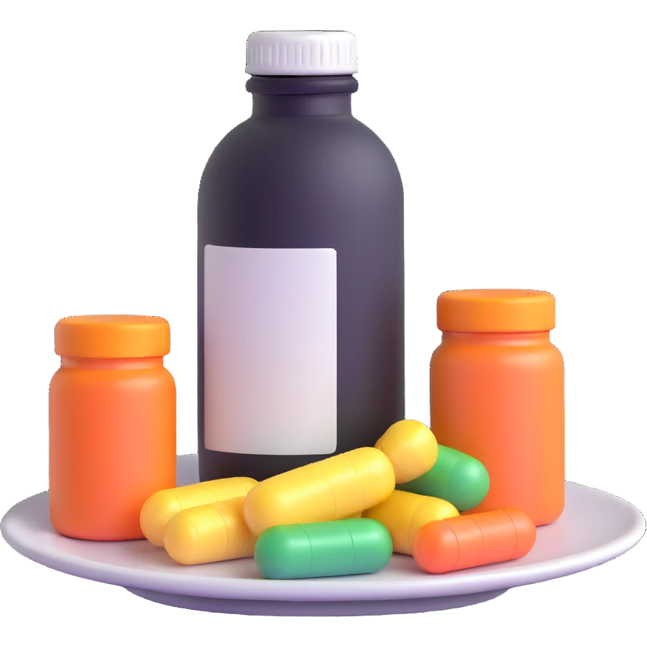 bottle of supplements next to an empty plate emoji