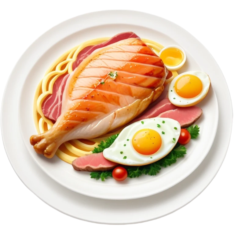 Floating plate with protein foods: large golden chicken breast in the center, smaller salmon fillet, red meat steak, and an egg, all orbiting a DNA double helix, with energy rays connecting to a muscular figure silhouette emoji