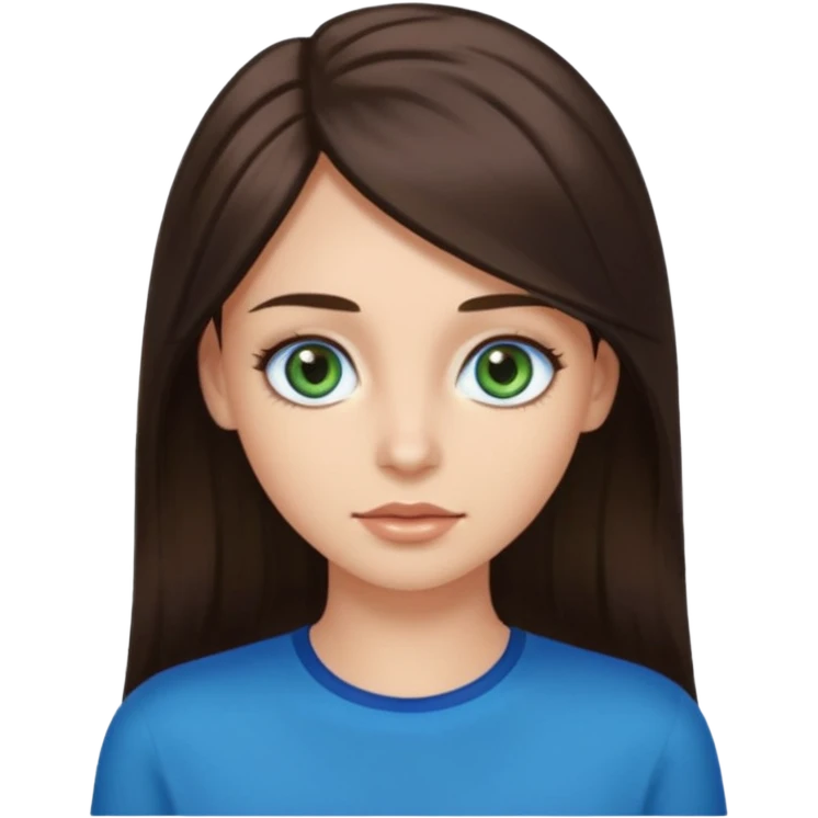 long dark brown hair with highlights in the front, big blue eyes clear skin with neck and green top on add long eyelashes emoji