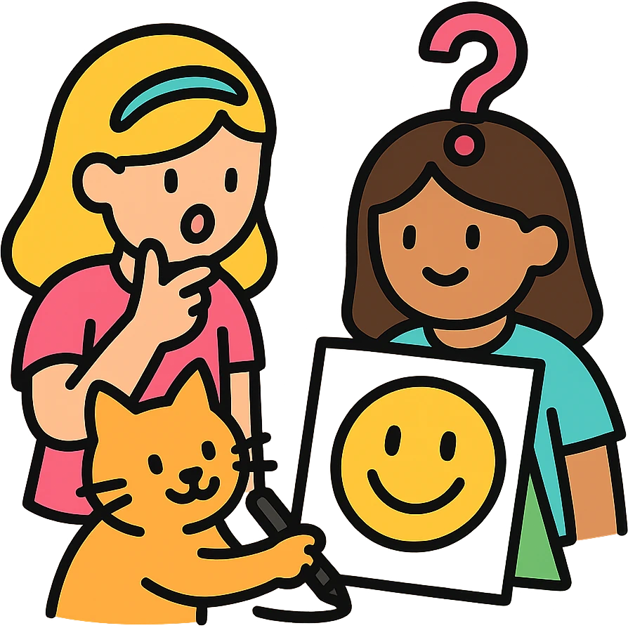 two girls guessing as a kitty draws an emoji, vibrant color icon emoji